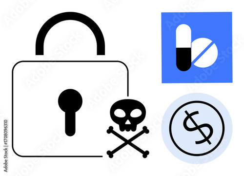 Padlock, skull with crossed bones, pill icon, and dollar coin signify drug safety, data breach, and financial risk. Ideal for security, medicine, finance technology risk protection simple flat