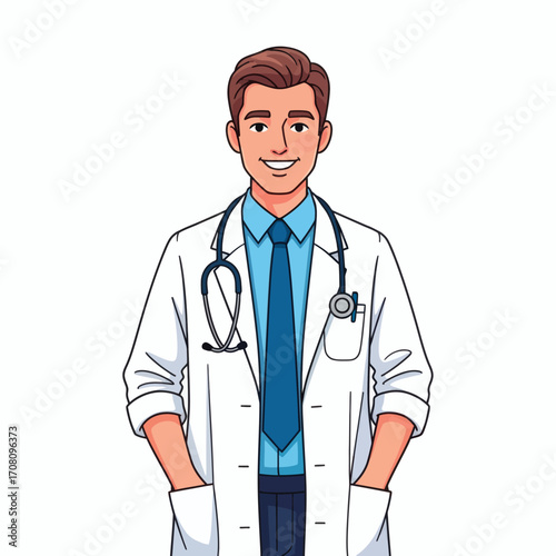 Portrait of a friendly young male doctor in a white lab coat with a stethoscope, smiling with confidence. Healthcare professional vector illustration