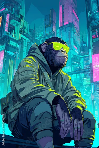Fototapeta Futuristic urban scene featuring a thoughtful monkey in sunglasses, surrounded by neon skyscrapers