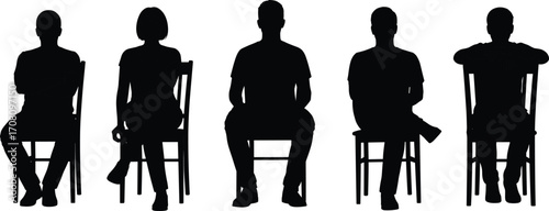 Silhouettes of men and women sitting on wooden chairs in casual and formal postures, perfect for design, interview, or presentation.