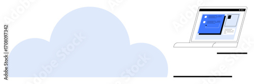 Large cloud shape beside a laptop screen showing a data management interface. Ideal for cloud storage, digital connectivity, technology, SaaS, online security, remote work, simple flat metaphor