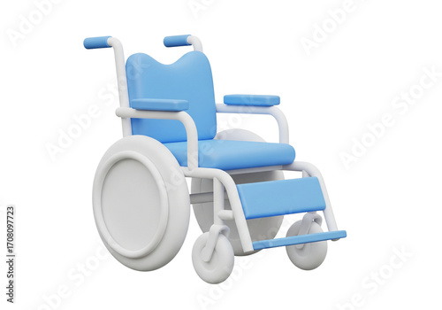 Modern 3D Rendered Wheelchair Icon Isolated. Blue and White Mobility Aid for Healthcare and Accessibility.