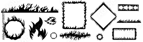 fire flames. Campfire, bright fireball, heat wildfire,black hot blazing bonfire, flaming square and burning round frames. vector set