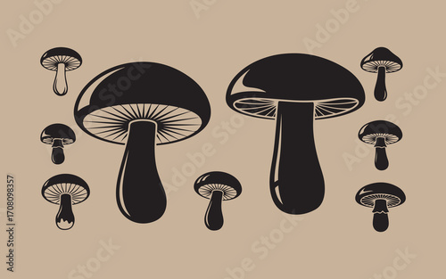 Collection of black silhouette mushrooms on a beige background