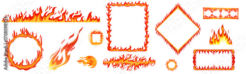 fire flames. Campfire, bright fireball, heat wildfire, red and yellow hot blazing bonfire, flaming square and burning round frames. vector set