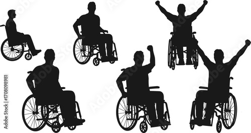 Silhouettes of men in wheelchairs showing various dynamic and victorious poses, disability empowerment, adaptive mobility, confidence, strength, inclusive wheelchair users.