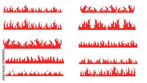 Fire border. Red flame, cartoon fire seamless borders. Blazing frame dividers, hot flaming banners.  vector set 