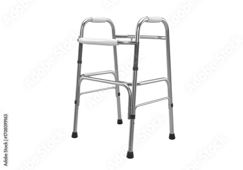 Silver Folding Medical Walker with Padded Seat for Elderly Mobility and Rehabilitation Support, Isolated on White Background
