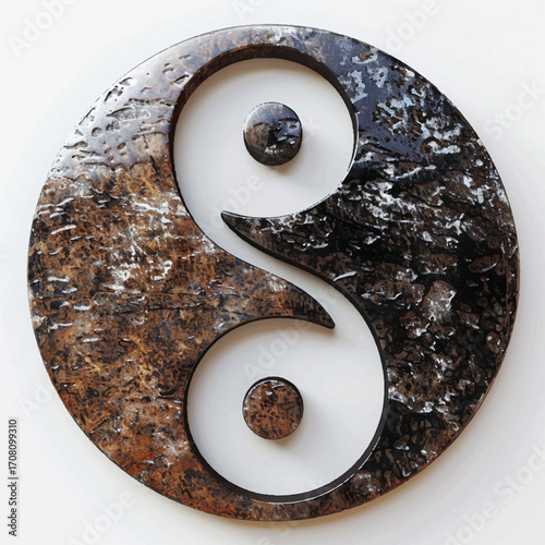 3D yin-yang symbol with metallic finish, white background.