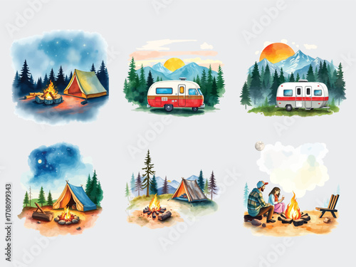 Cozy camping scenes with tents and campfires set in natural landscapes