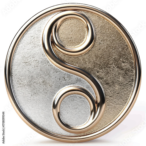 3D yin-yang symbol with metallic finish, white background.
