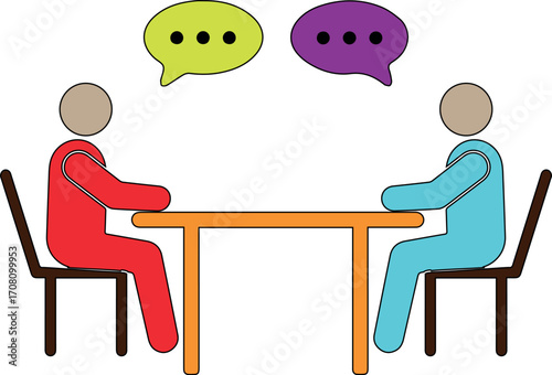 two people sitting at a table having a conversation with speech bubbles communication discussion concept