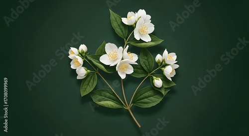 An elegant top view of a fresh jasmine branch with delicate white blooming flowers and vibrant green leaves, capturing the serene beauty of nature on a solid dark green background