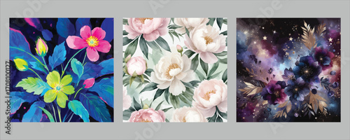 Three panels of abstract floral art vibrant blooms and moody botanicals