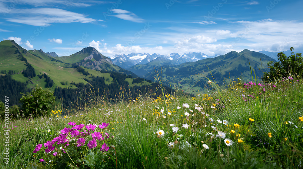 Fototapeta premium Alpine meadow with flowers and mountain range in the background, perfect for nature, landscape, and scenic outdoor imagery.