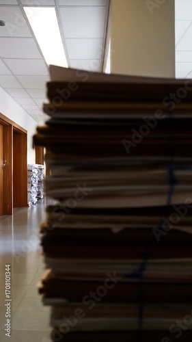 Stacks of files line a long office hallway with closed doors and window light at the end