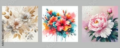 Triptych floral art beautiful arrangement soft hues vibrant colors textured petals delicate blossoms