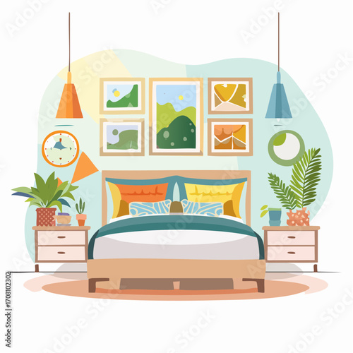 Dreamy bedroom interior with eclectic art decor flat illustration background.