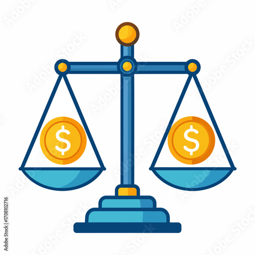 Balance scale with dollar coins representing financial equilibrium and fairness.