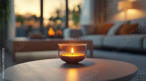 Modern living room with minimal Diwali decor and a glowing diya on the table 