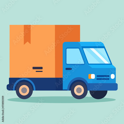Blue delivery truck with a large orange cargo box.
