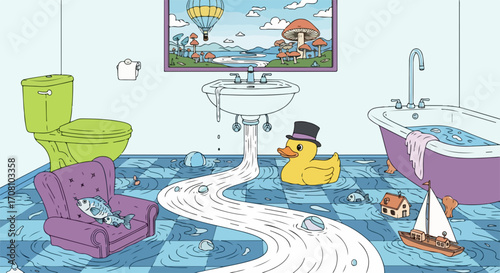 Conceptual overflow illustration showing bathroom chaos with running water. Overflow of water from sink onto bathroom floor creating chaos.