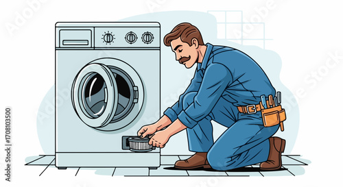 Repairing washing machine shown with service worker fixing appliance with tools, fixing washing machine. Washing machine being repaired includes checking the drum filter and removing obstructions,
