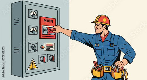 Electrical panel service with electrician at work on electrical panel. Qualified worker performs electrical panel service with care and precision.