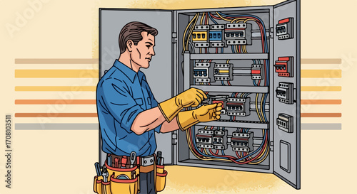 Electrical panel repair showing technician working on electrical panel, troubleshooting connection. Electrical panel service requires specialized knowledge and tools.