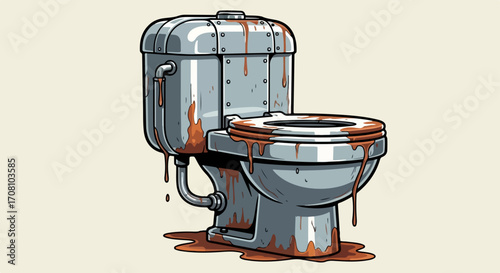 Dirty toilet bowl with aged metal finish and dripping grime, representing neglect and disrepair. Dirty toilet bowl shows years of neglect and could benefit from thorough cleaning and maintenance.