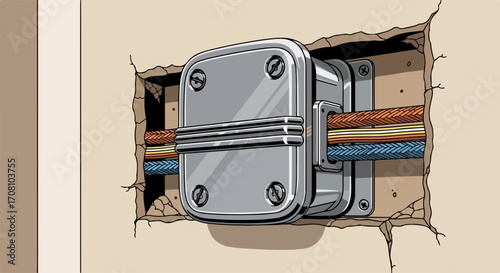Electrical box attached to wall with exposed wires showing in this electrical box, ready for electrical repair. Electrical box showing cable connections for repairs,