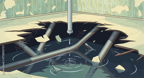 Broken floor with pipes exposed and water damage, depicting a leak. Broken floor illustrates damage from burst pipes and pooling water, presenting issues needing repair.