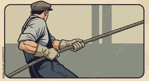 Industrial worker pulling cable with cap and gloves in front of neutral gray wall, industrial worker's strength and determination depicted through his muscular physique.