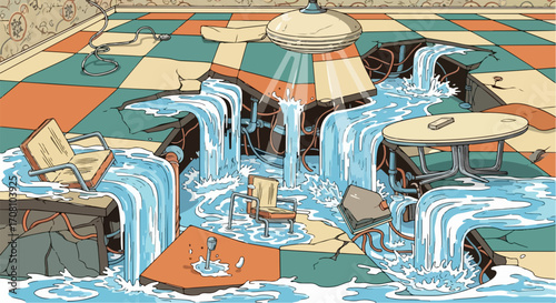 Water damage showcased in flooded room with cracked tiles, ruined furniture, and fractured interior. Water damage can be devastating, with broken table and floating chair amidst shattered space.