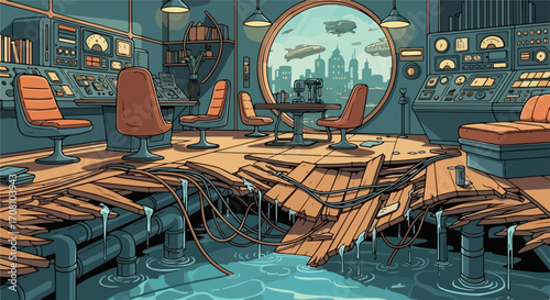 Old control room with broken wood floor, filled with water and rusty equipment. Interior of old control room has cracked walls and flooded base. Old control room represents neglect and deterioration,