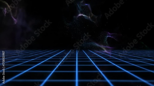 A futuristic seamlessly looping video of glowing grid lines and abstract light patterns moving across a dark digital space digital, celebration, fluid