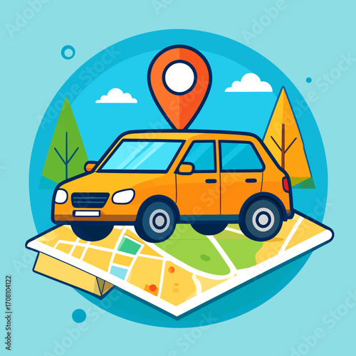 Car on a map with a location pin, representing navigation and travel.