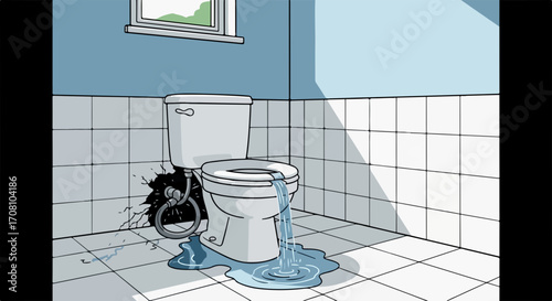 Cartoon flooded toilet with overflowing water on bathroom floor. Cartoon flooded toilet shows home plumbing emergency in disrepair, highlighting leak and water damage issues.