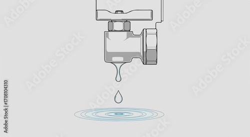 Leaking tap illustration shows dripping faucet releasing water, which forms ripples. Leaking tap reveals water loss through dripping, demonstrating leaky faucet and need for repair to save water.