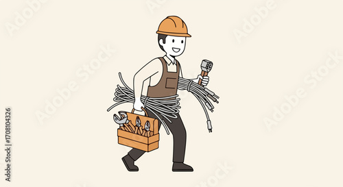 Cartoon handyman in work clothes carrying tools and wires. Workman with a smile, carrying wires and a toolbox filled with equipment, doing professional work.