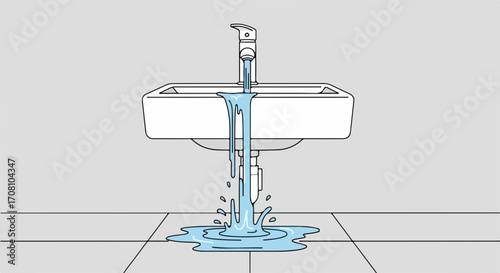 Water damage in bathroom with sink overflowing on ceramic tiled floor. Water damage incident due to burst pipe, overflowing sink, and water leakage, requires restoration.
