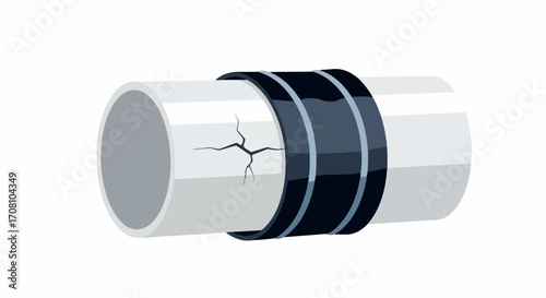 Cracked pipe fixed with repair tape and showing damage from external factors. This cracked pipe illustrates need for maintenance, plumbing solutions, and fixing leaks in water systems.