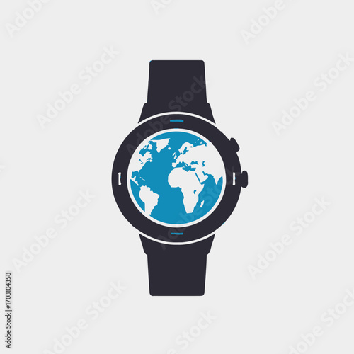 Global Timekeeping: A stylized smartwatch display showcasing the earth's continents