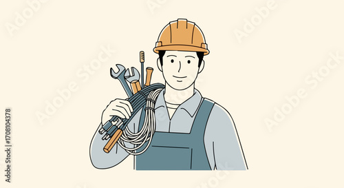 Cartoon worker illustration showing construction worker with tools and wires on shoulder. Construction worker portrait depicts worker with positive attitude, conveying professionalism and expertise.