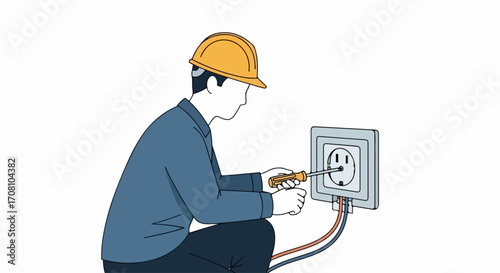 Electrician at work repairing electrical outlet with a screwdriver on white background. Electrician performing maintenance task on electrical outlet,