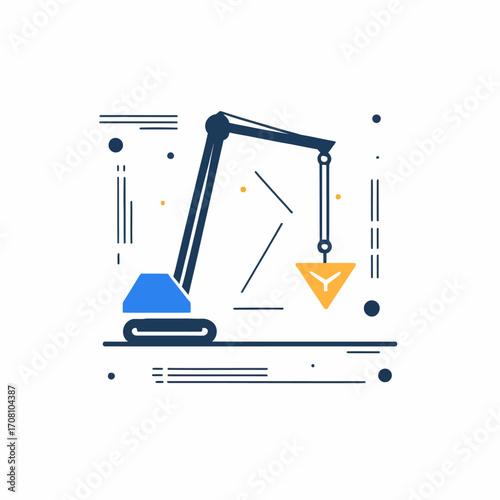 Illustration of a stylized excavator constructing with simple shapes and clean lines
