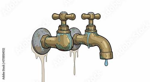 Two old taps with dripping water, showing water wastage. Old taps, fixtures with dripping water, showcasing environmental issues.