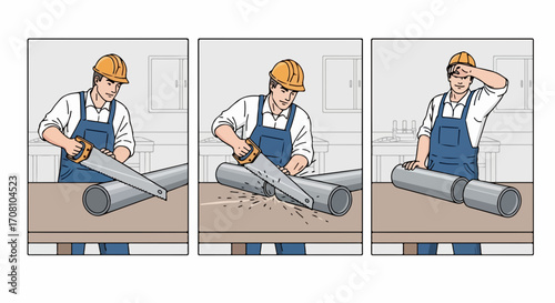 Process of pipe cutting shows three steps of man sawing through metal pipe. Pipe cutting is completed by man cutting pipe, who has on safety gear and is focused on process.