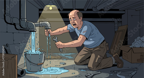 Plumbing leak illustration showing pipes leaking water into bucket in basement. Plumbing leak from rusty metal pipes needs immediate repair.