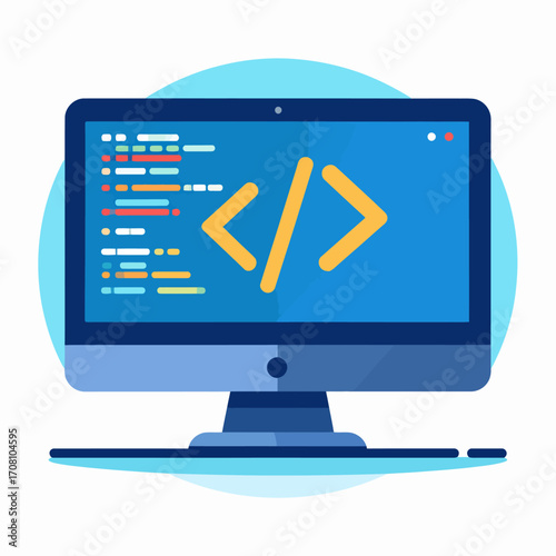 Computer screen displaying code and programming symbols for software development.